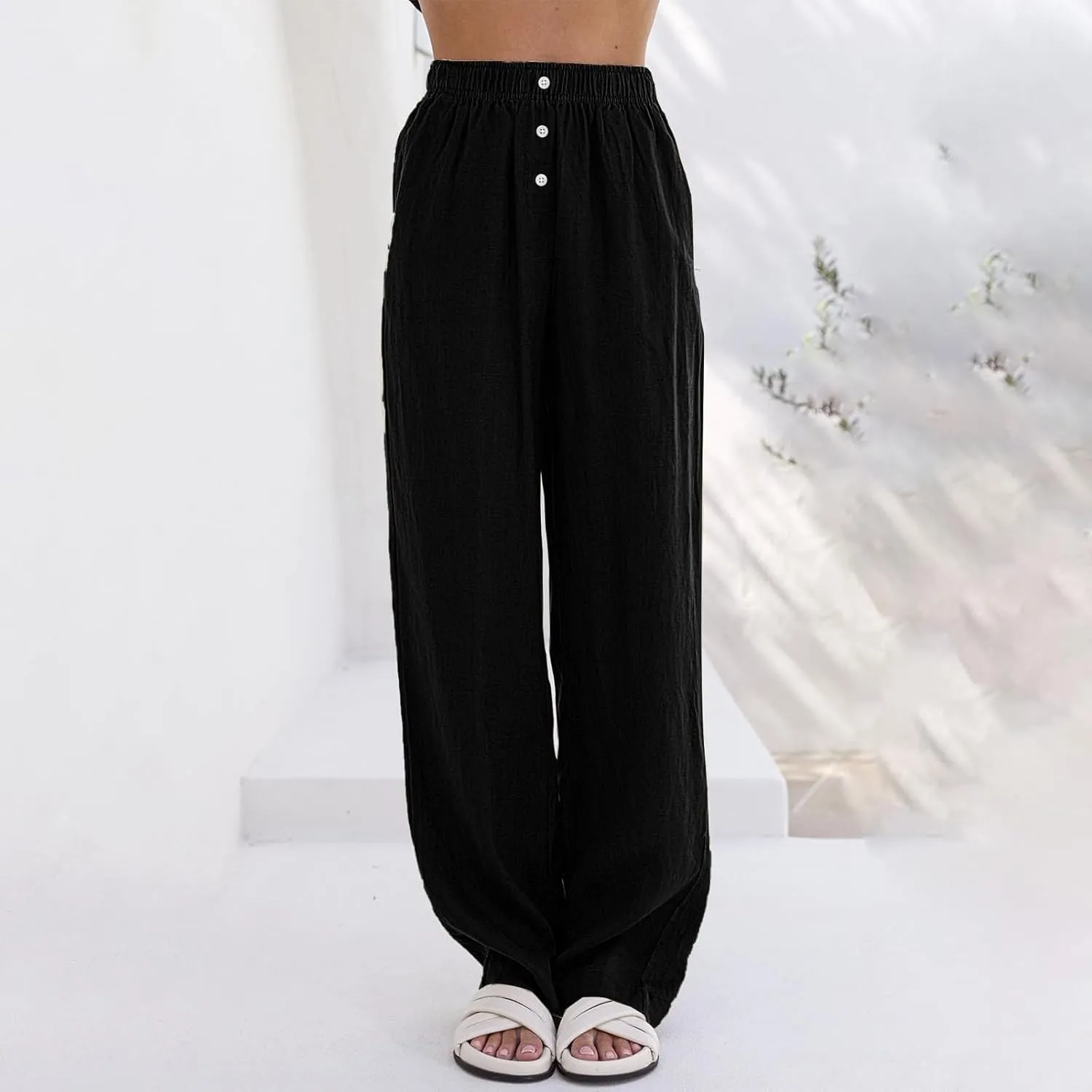 Loose Linen Pants for Women Elastic High Waisted Wide Leg Loose Comfy Trousers with Pockets Linen Blend Pants
