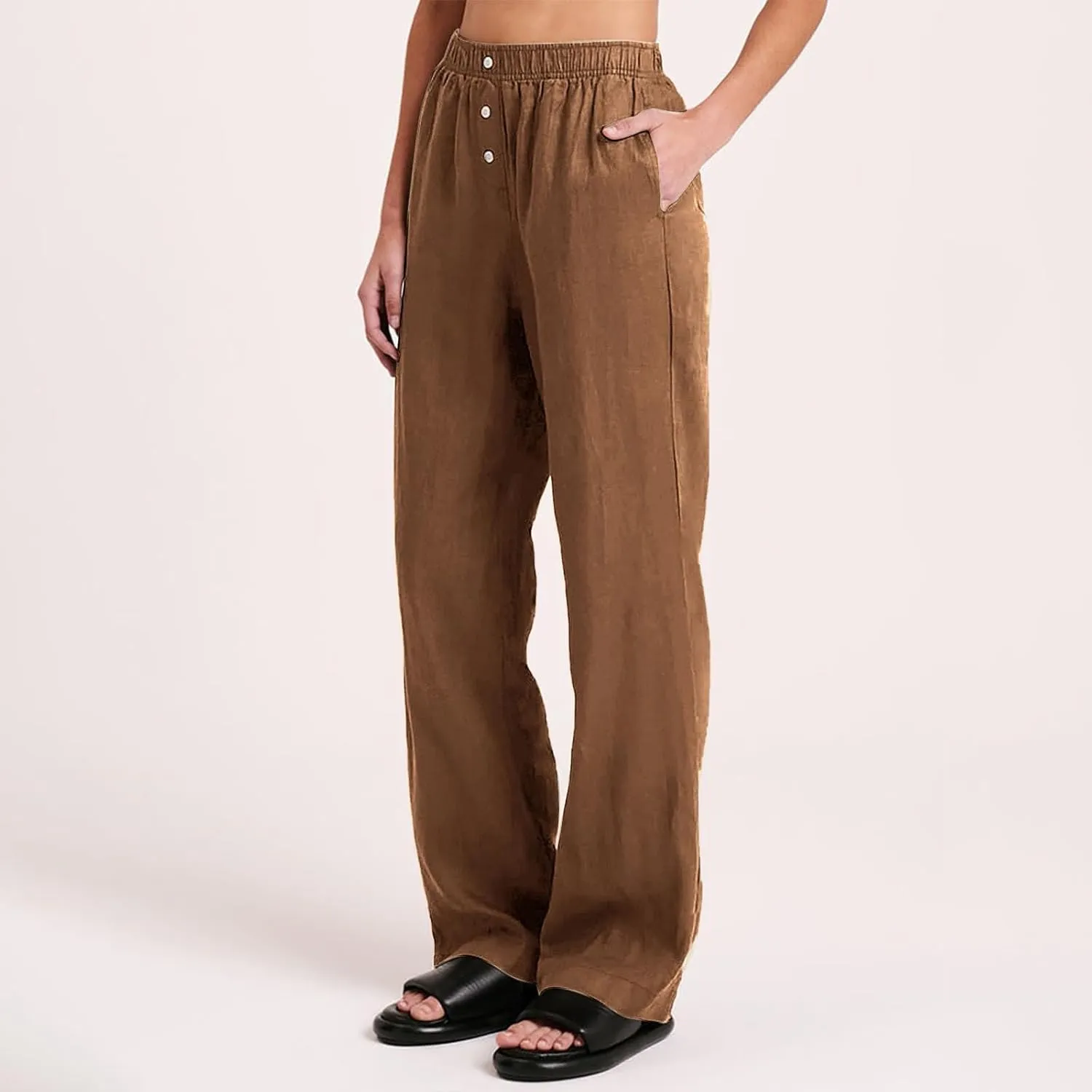 Loose Linen Pants for Women Elastic High Waisted Wide Leg Loose Comfy Trousers with Pockets Linen Blend Pants