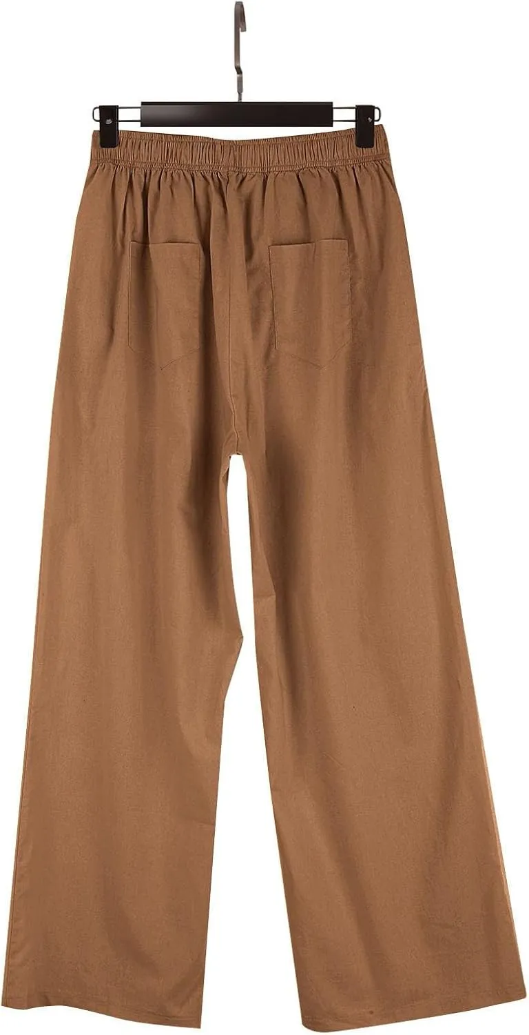 Loose Linen Pants for Women Elastic High Waisted Wide Leg Loose Comfy Trousers with Pockets Linen Blend Pants