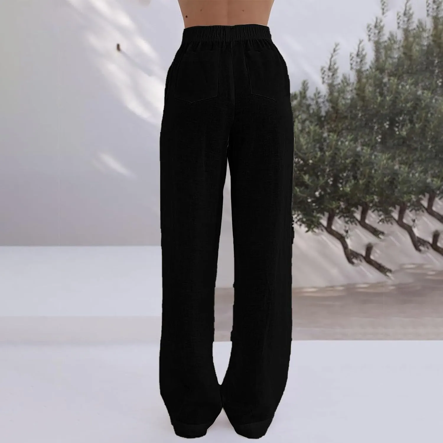Loose Linen Pants for Women Elastic High Waisted Wide Leg Loose Comfy Trousers with Pockets Linen Blend Pants
