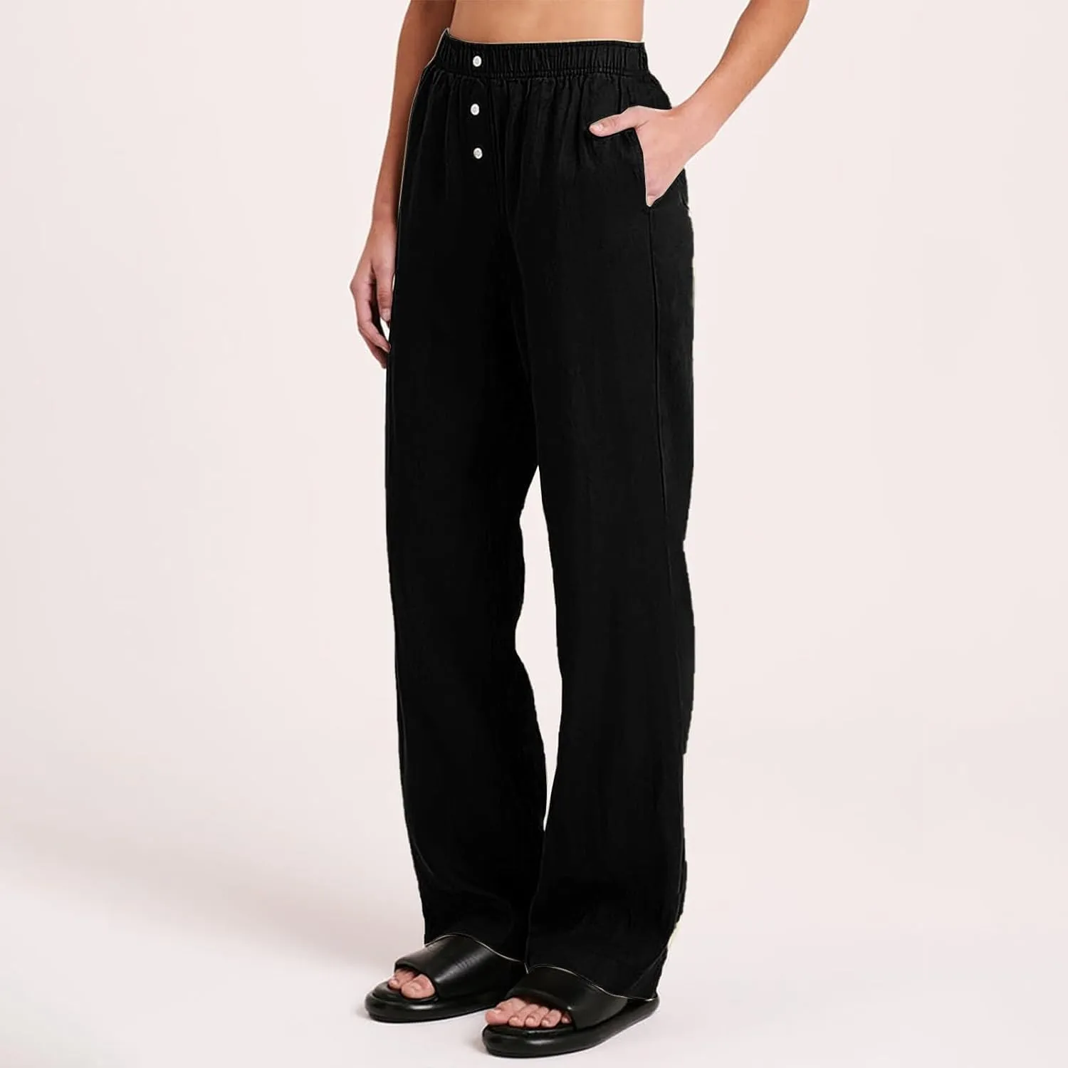 Loose Linen Pants for Women Elastic High Waisted Wide Leg Loose Comfy Trousers with Pockets Linen Blend Pants