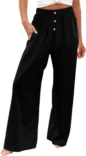 Loose Linen Pants for Women Elastic High Waisted Wide Leg Loose Comfy Trousers with Pockets Linen Blend Pants