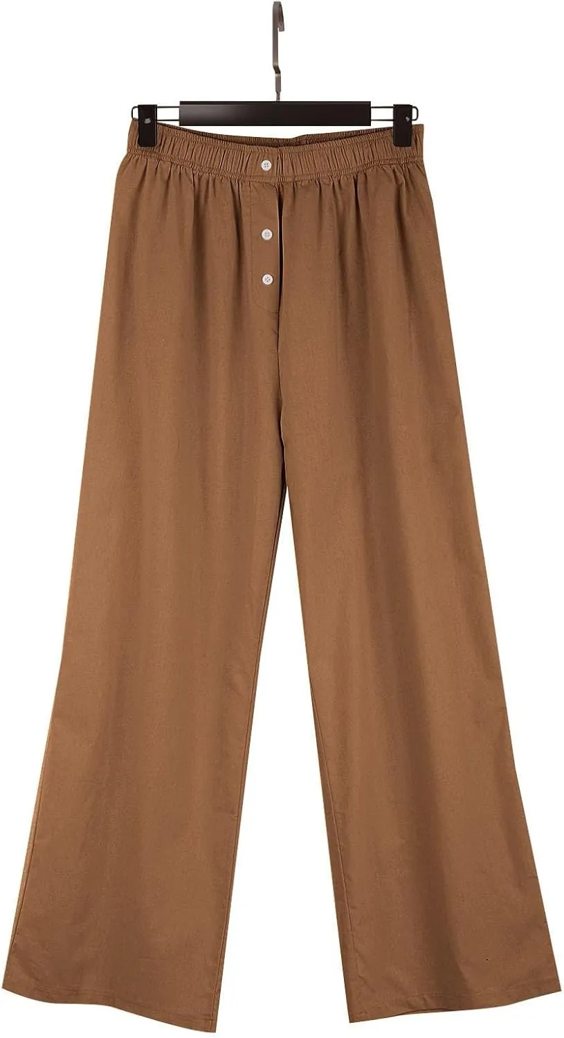 Loose Linen Pants for Women Elastic High Waisted Wide Leg Loose Comfy Trousers with Pockets Linen Blend Pants