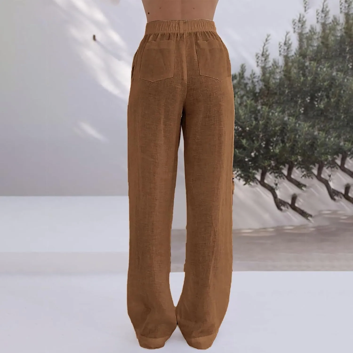 Loose Linen Pants for Women Elastic High Waisted Wide Leg Loose Comfy Trousers with Pockets Linen Blend Pants