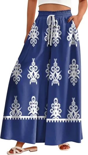 Loose Pants for Women Baggy Boho High Waisted Bohemian Print Flowy Loose Fit Plus Size Wide Leg Trousers