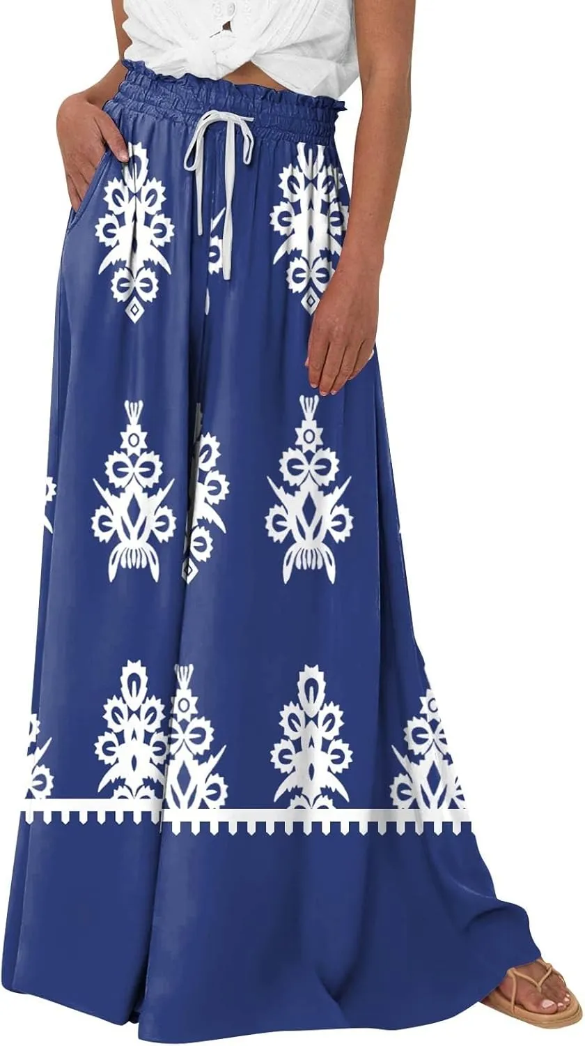 Loose Pants for Women Baggy Boho High Waisted Bohemian Print Flowy Loose Fit Plus Size Wide Leg Trousers