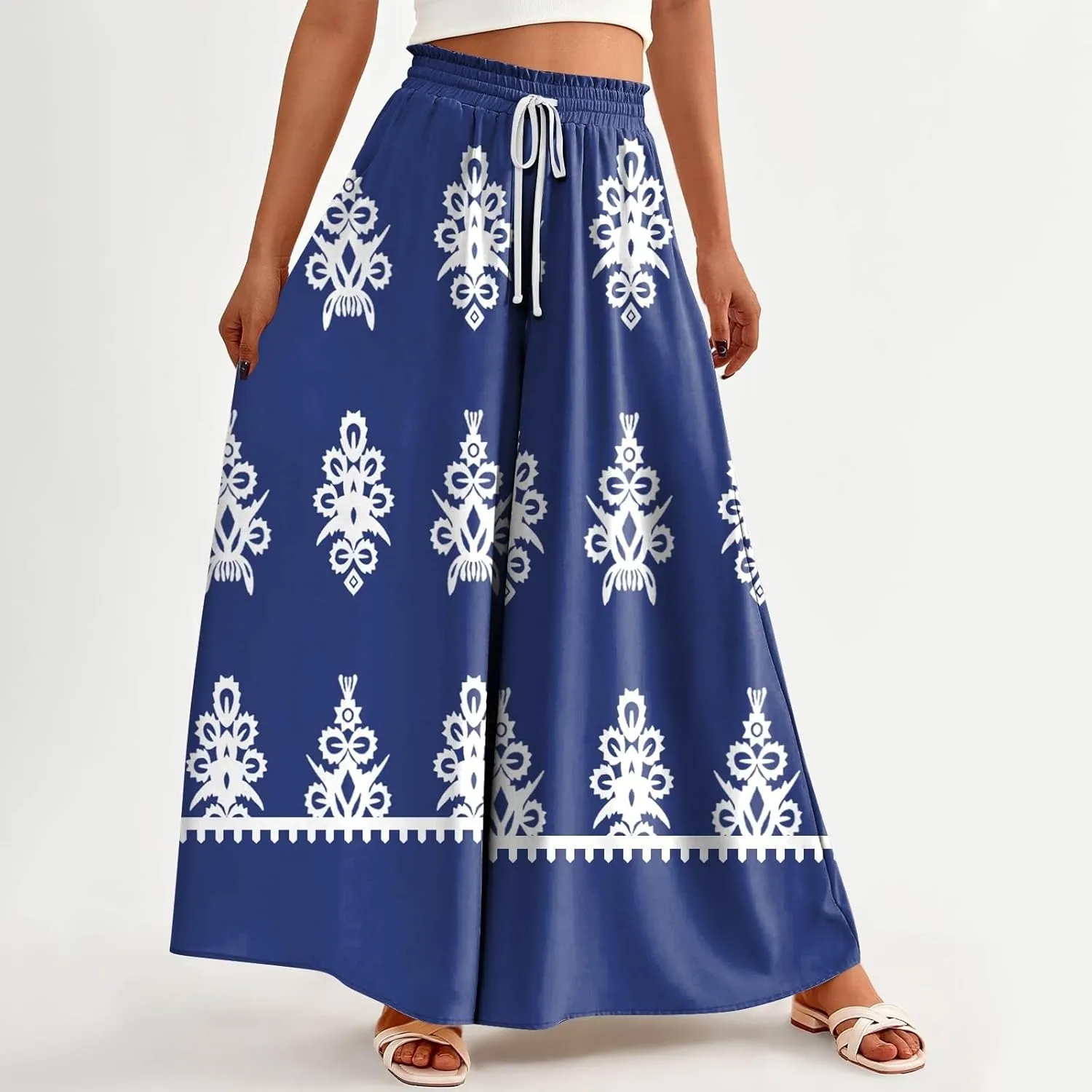 Loose Pants for Women Baggy Boho High Waisted Bohemian Print Flowy Loose Fit Plus Size Wide Leg Trousers