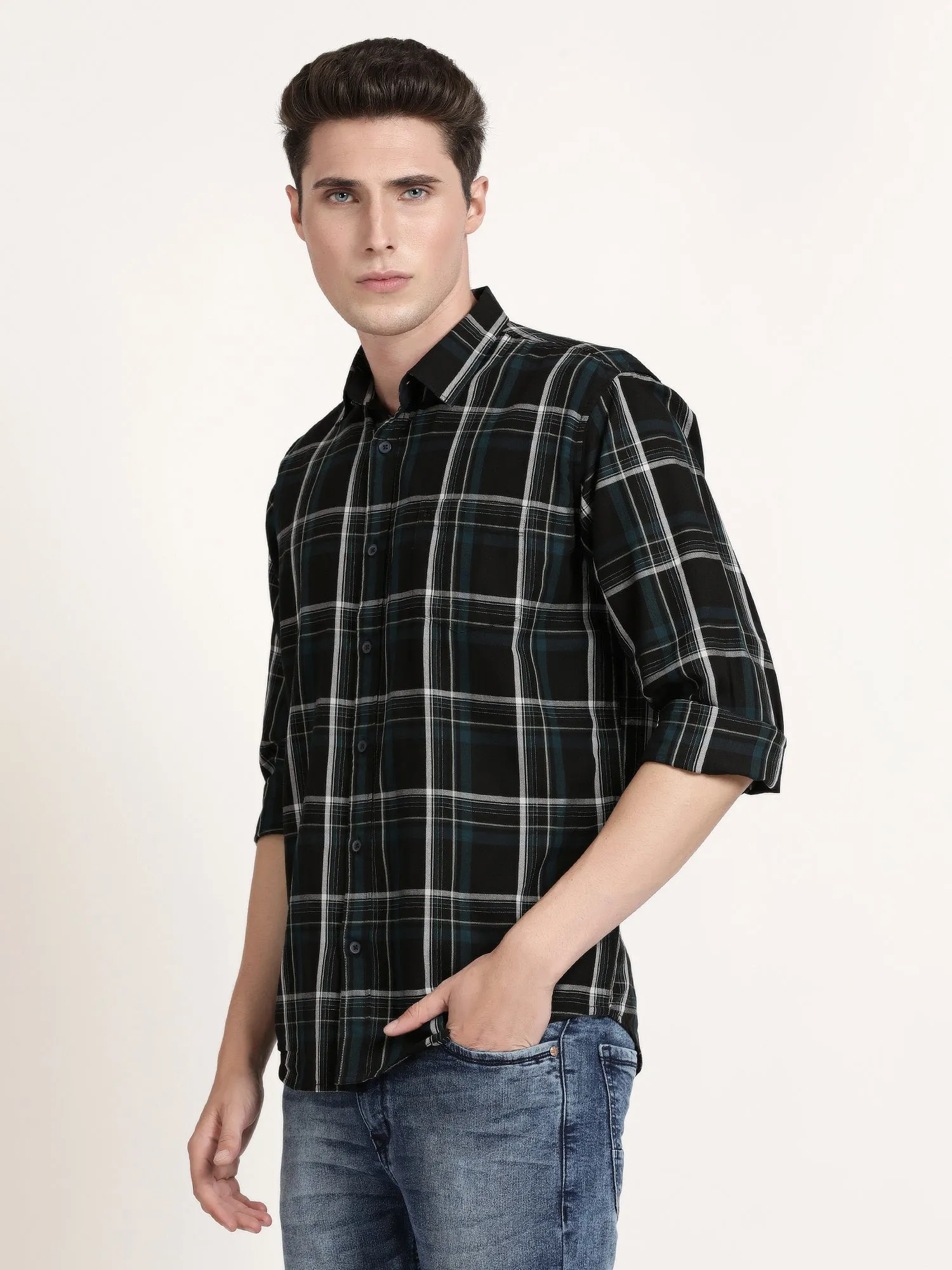 Men Green Checked Casual Shirt (GBHM5023)