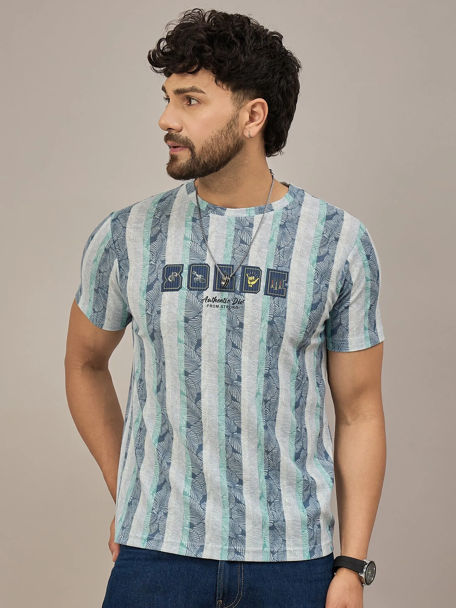 Men Striped T-shirt Blue & Light green