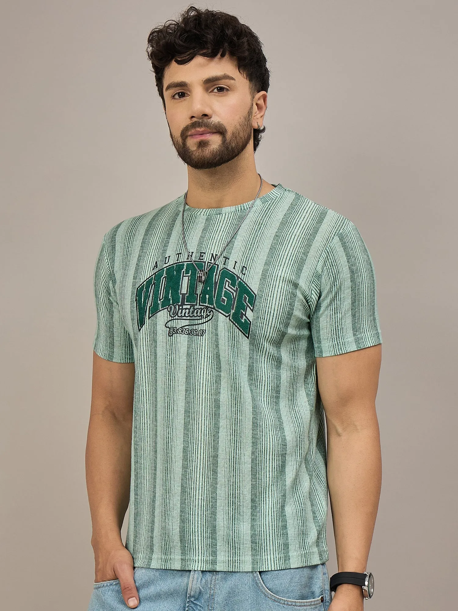 Men Striped T-shirt Green