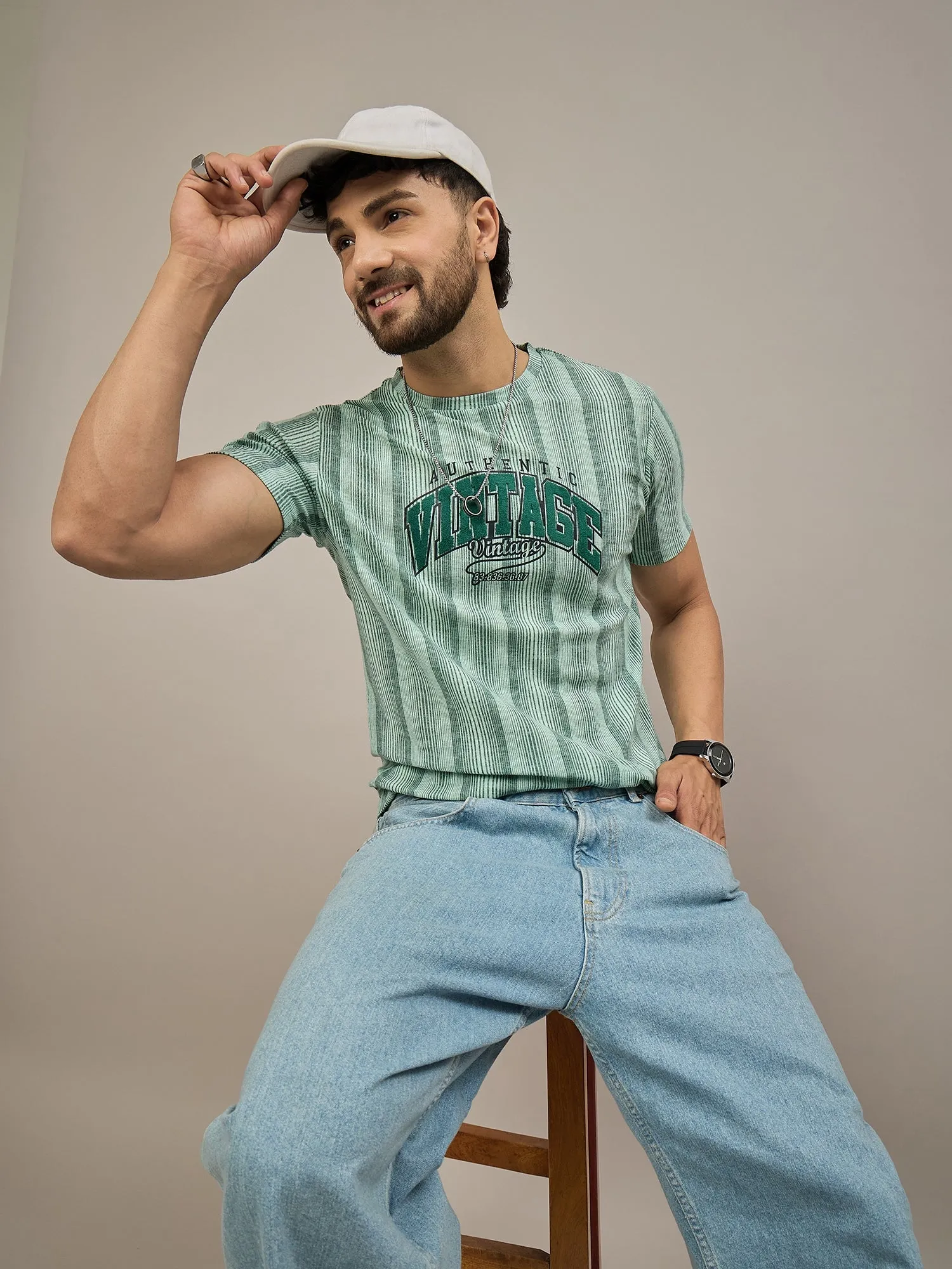 Men Striped T-shirt Green