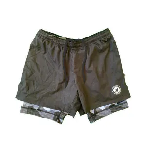 Mens 2-1 Compression Solid Black Eagle 7" Camo Shorts