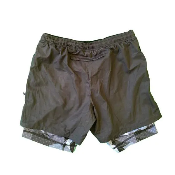 Mens 2-1 Compression Solid Black Eagle 7" Camo Shorts