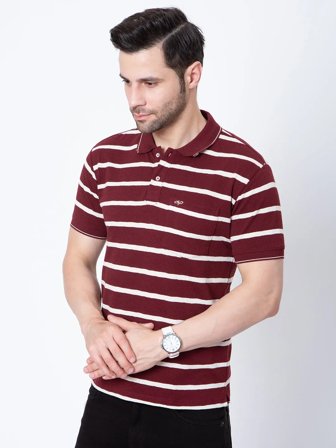 Mens Horizontal Striper Polo Neck Tshirt
