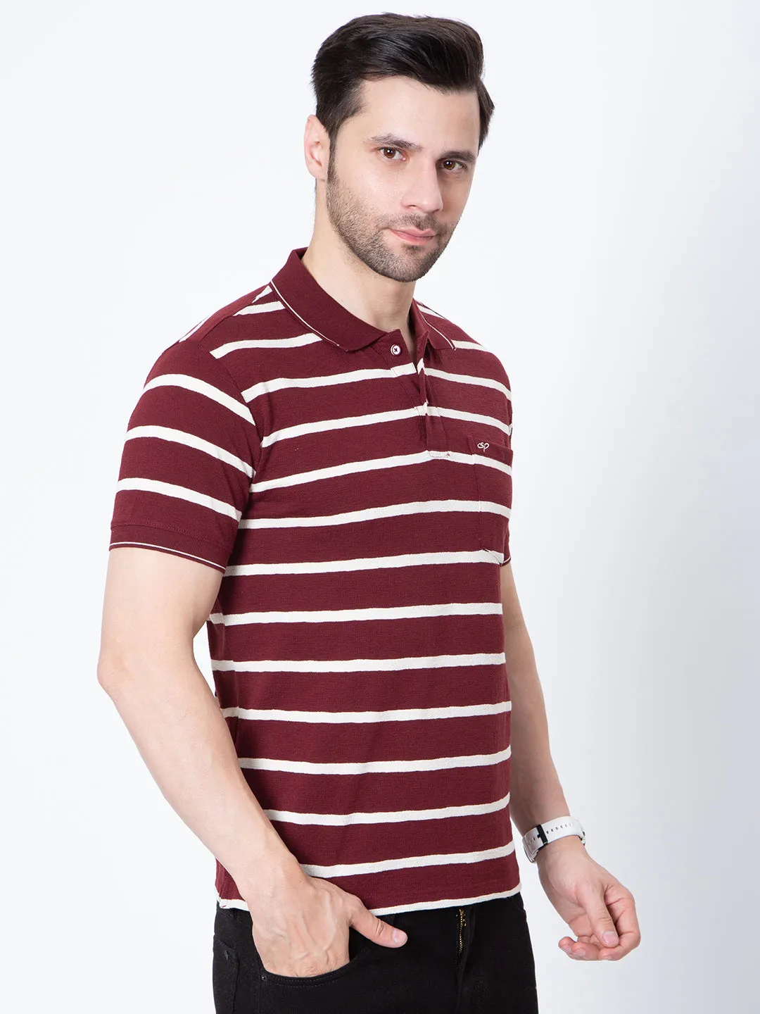 Mens Horizontal Striper Polo Neck Tshirt