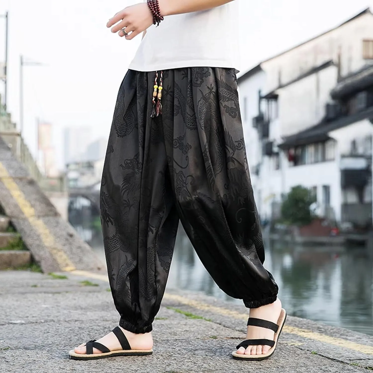 Mens Summer Ice Silk Harem Pants Men Loose Baggy Pants Retro Jogging Loose Pants Male