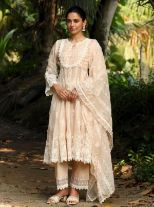 Mulmul Organza Neesa Beige Anarkali Kurta With Mulmul Cotton Neesa Beige Pant