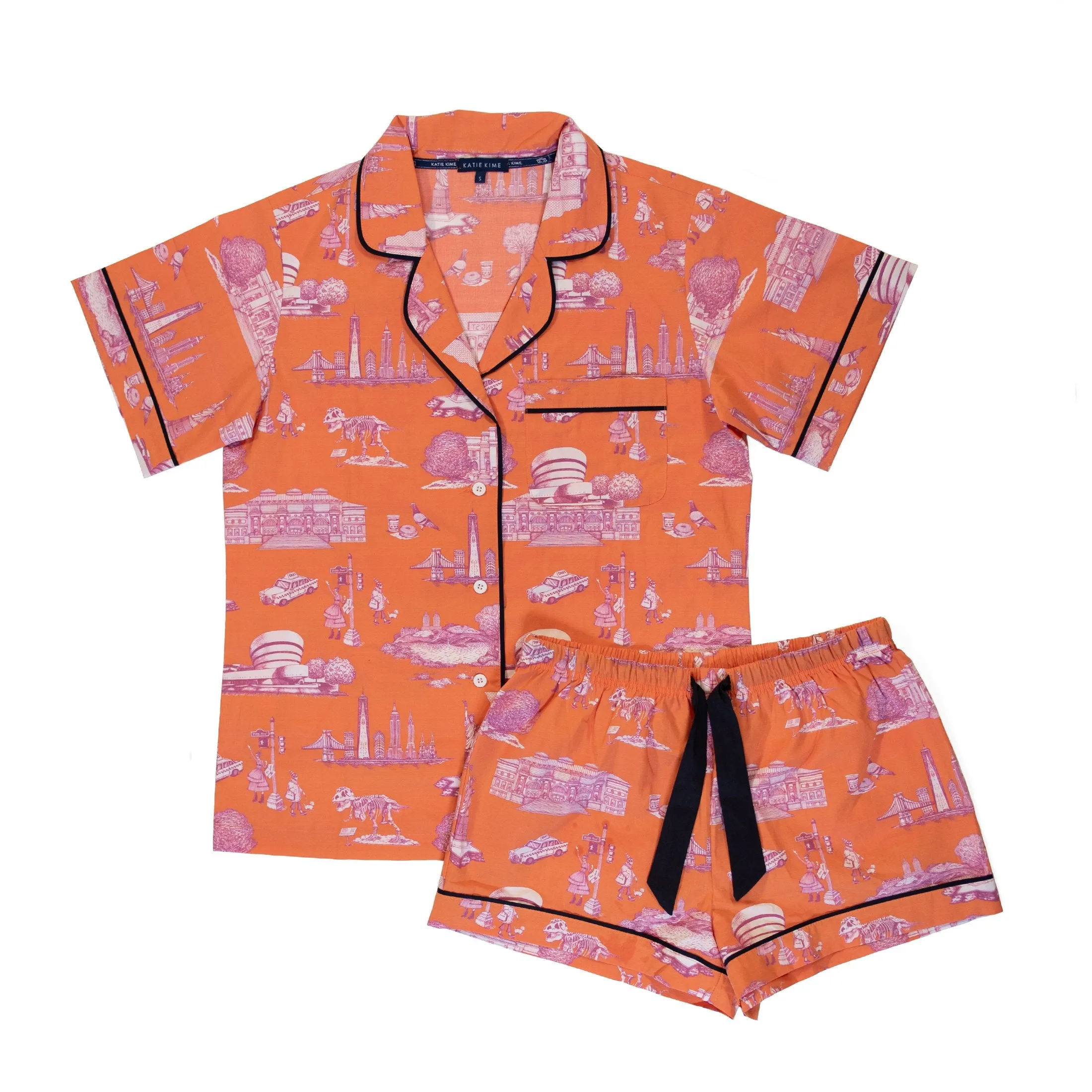 New York Toile Pajama Set - Short Sleeve / Shorts - Orange