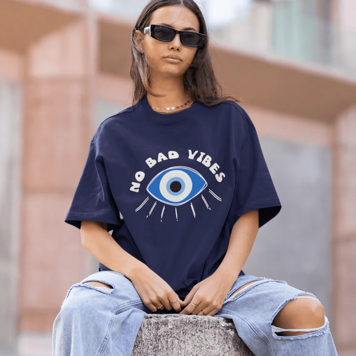 No Bad Vibes Amulet- evil eye- 180 GSM Oversized T-shirts - Unisex
