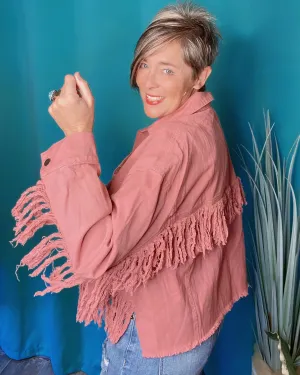 Pink Mauve Frayed Fringe Detail Waist Style Denim Jacket