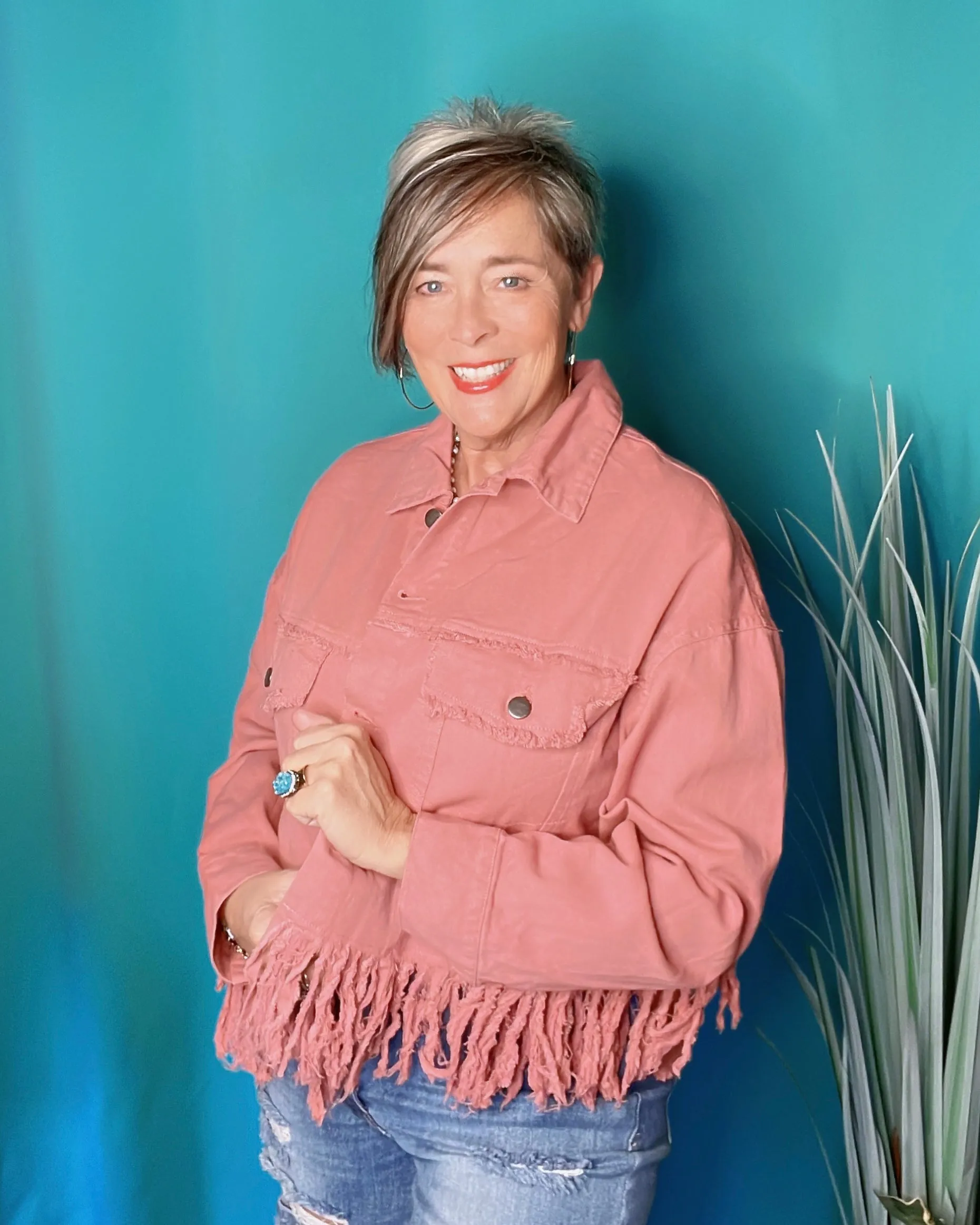 Pink Mauve Frayed Fringe Detail Waist Style Denim Jacket