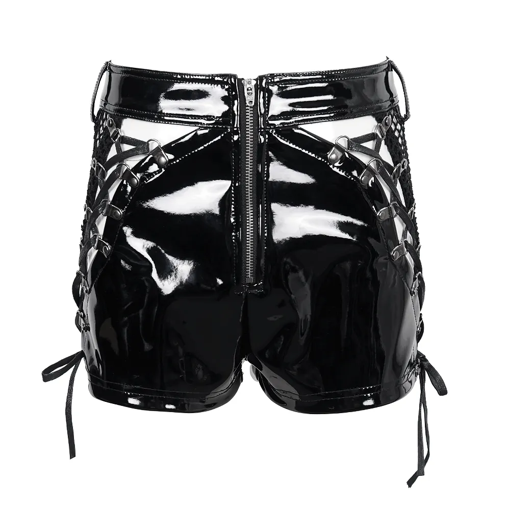 Punk Lace-Up Patent Leather Shorts: Edgy Zipper Attire