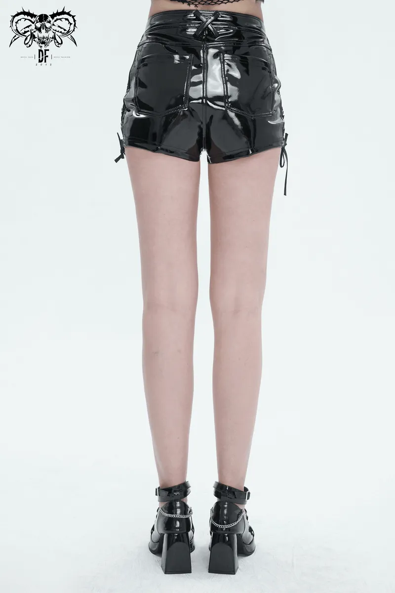 Punk Lace-Up Patent Leather Shorts: Edgy Zipper Attire