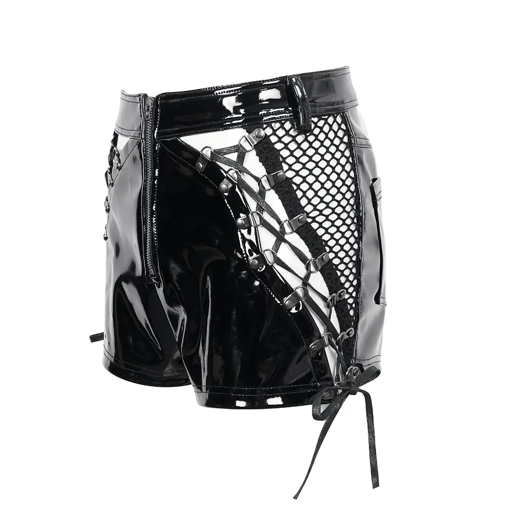 Punk Lace-Up Patent Leather Shorts: Edgy Zipper Attire