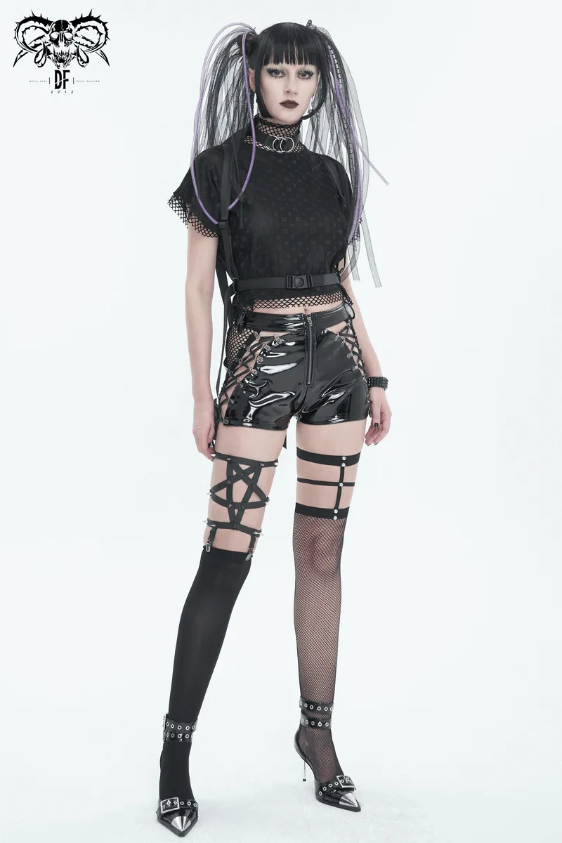Punk Lace-Up Patent Leather Shorts: Edgy Zipper Attire