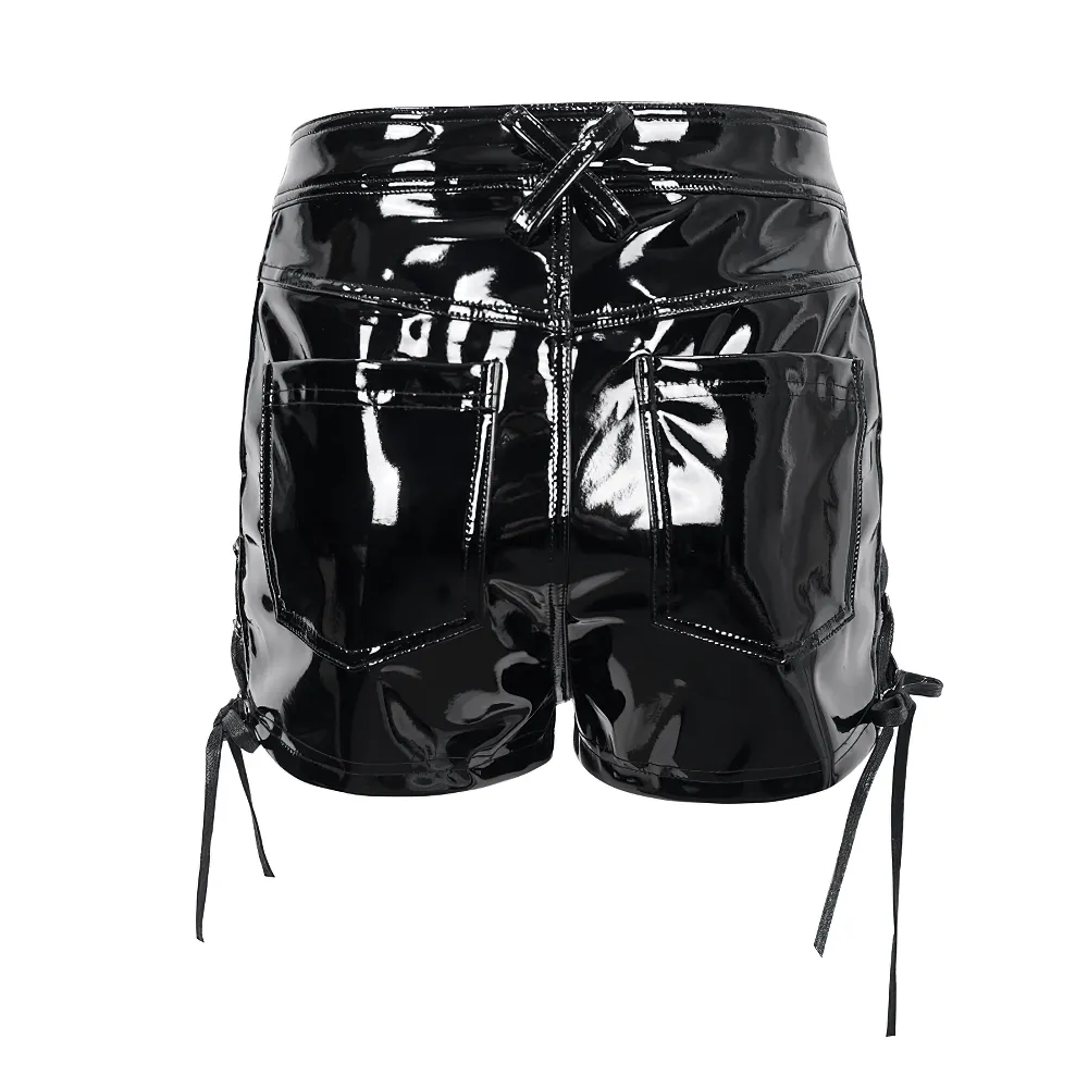 Punk Lace-Up Patent Leather Shorts: Edgy Zipper Attire