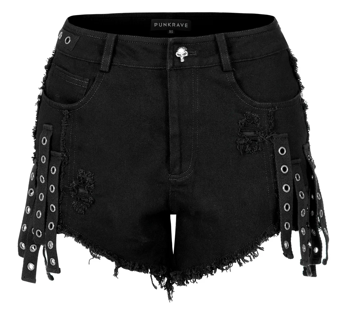 Punk Rave Black Denim Shorts with Edgy Detailing