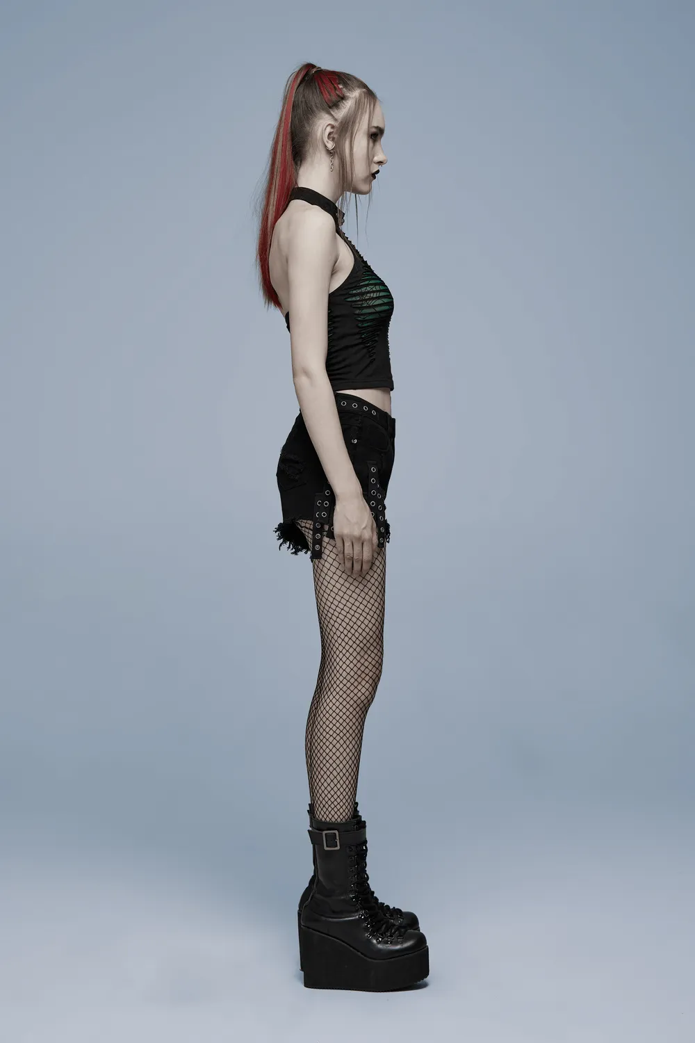 Punk Rave Black Denim Shorts with Edgy Detailing