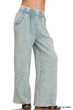 Soft Cotton Gauze Mineral Washed Palazzo Pants: Blue Grey