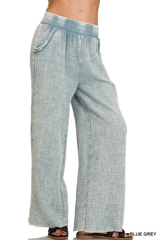 Soft Cotton Gauze Mineral Washed Palazzo Pants: Blue Grey