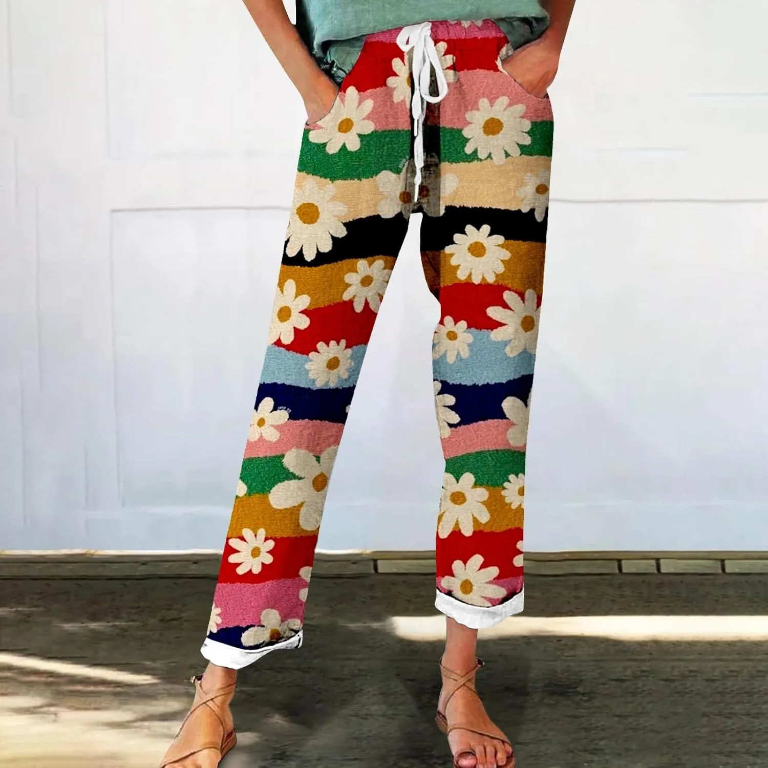 Straight Linen Pants Summer Capris for Women Plus Size Petite Cotton Wide Leg Linen Yoga Pants