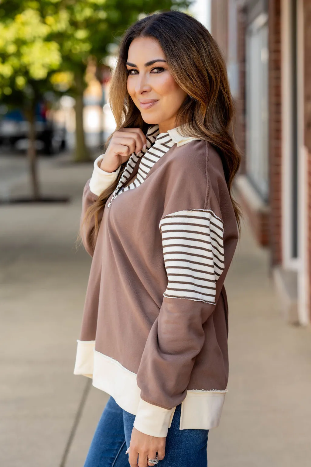 Stripe Accented Raw Stitched Tee
