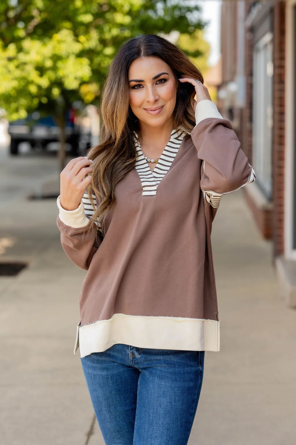Stripe Accented Raw Stitched Tee