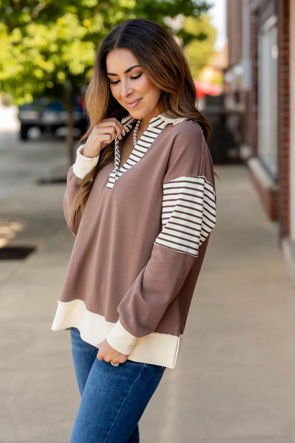 Stripe Accented Raw Stitched Tee