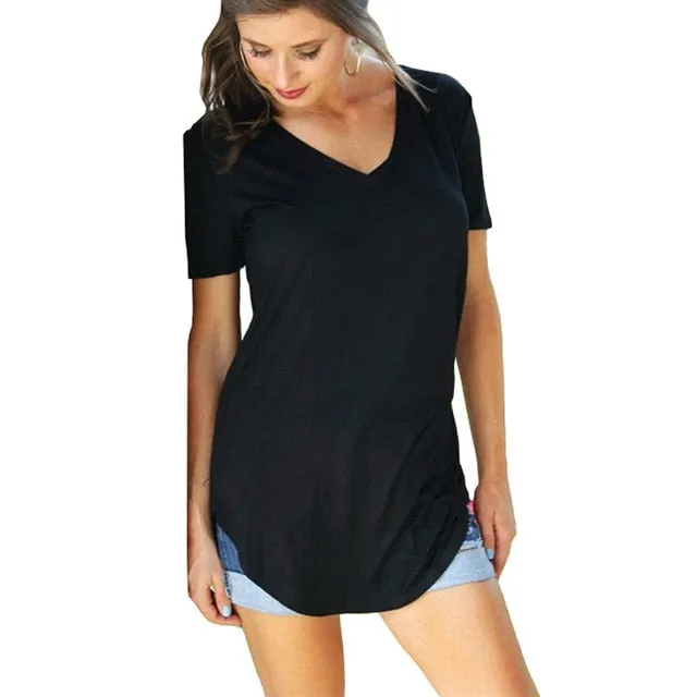 Summer V-neck Stitching Pullover T-shirt – Loose Casual Solid Color Short-Sleeved Top for Women, Trendy Summer Style