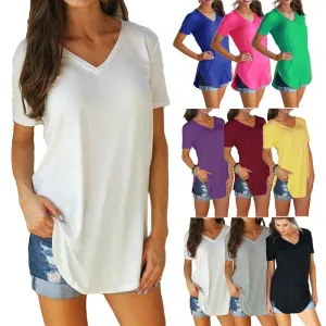 Summer V-neck Stitching Pullover T-shirt – Loose Casual Solid Color Short-Sleeved Top for Women, Trendy Summer Style