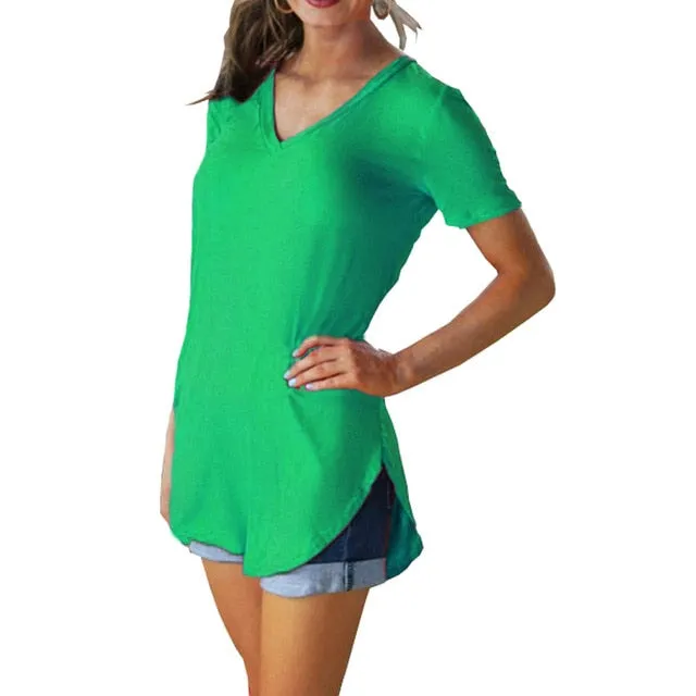 Summer V-neck Stitching Pullover T-shirt – Loose Casual Solid Color Short-Sleeved Top for Women, Trendy Summer Style