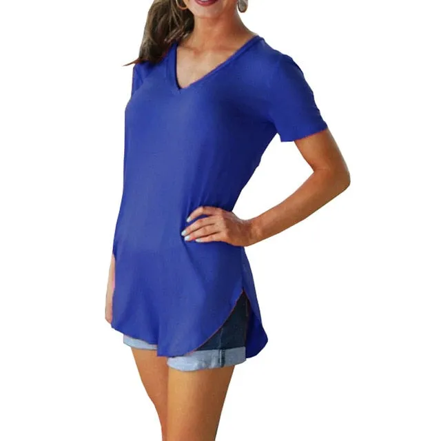 Summer V-neck Stitching Pullover T-shirt – Loose Casual Solid Color Short-Sleeved Top for Women, Trendy Summer Style