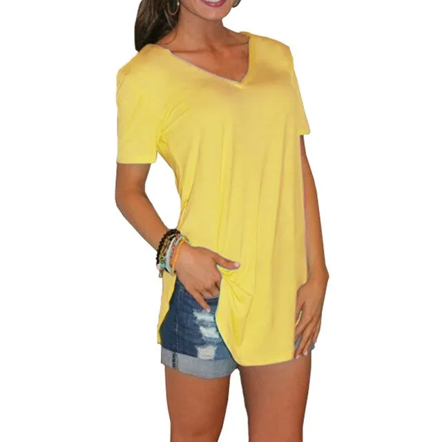 Summer V-neck Stitching Pullover T-shirt – Loose Casual Solid Color Short-Sleeved Top for Women, Trendy Summer Style
