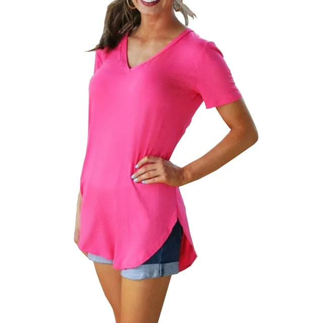 Summer V-neck Stitching Pullover T-shirt – Loose Casual Solid Color Short-Sleeved Top for Women, Trendy Summer Style
