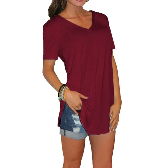 Summer V-neck Stitching Pullover T-shirt – Loose Casual Solid Color Short-Sleeved Top for Women, Trendy Summer Style