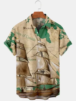 trendy leisure boat airplane pattern fashion shirt summer short-sleeved lapel button casual shirt