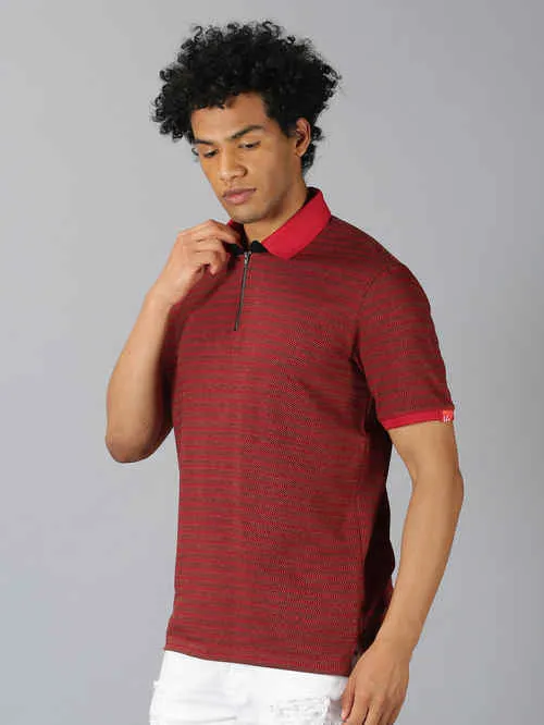 UrGear Striped Men Polo Neck Red T-Shirt