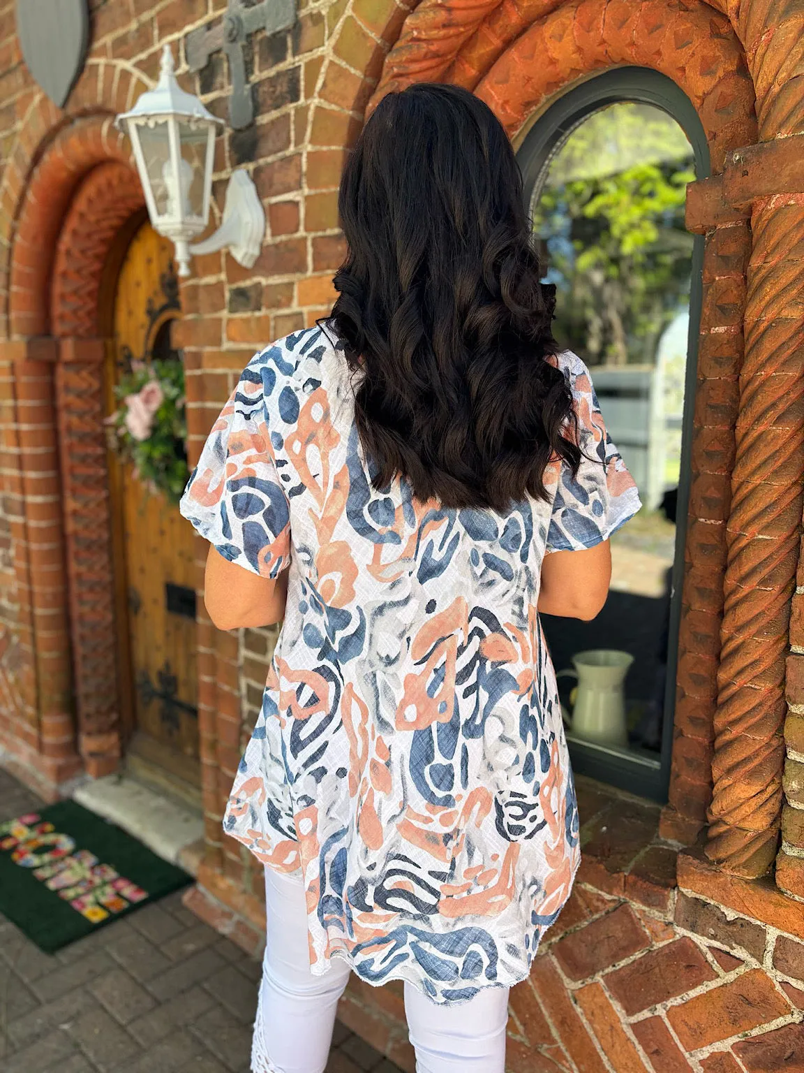 White Abstract Print Top Kimberly