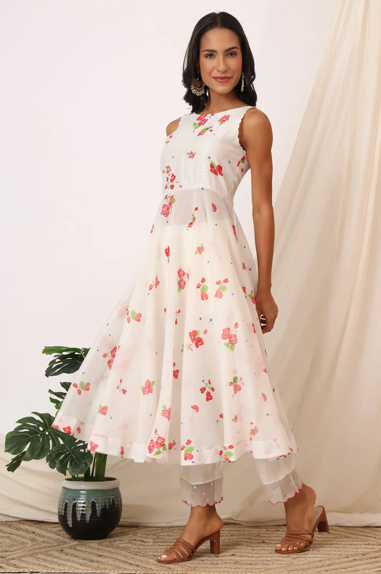 White Bold Floral Printed Sleeveless Chanderi Anarkali Kurta with Pants and Red Printed Dupatta Set
