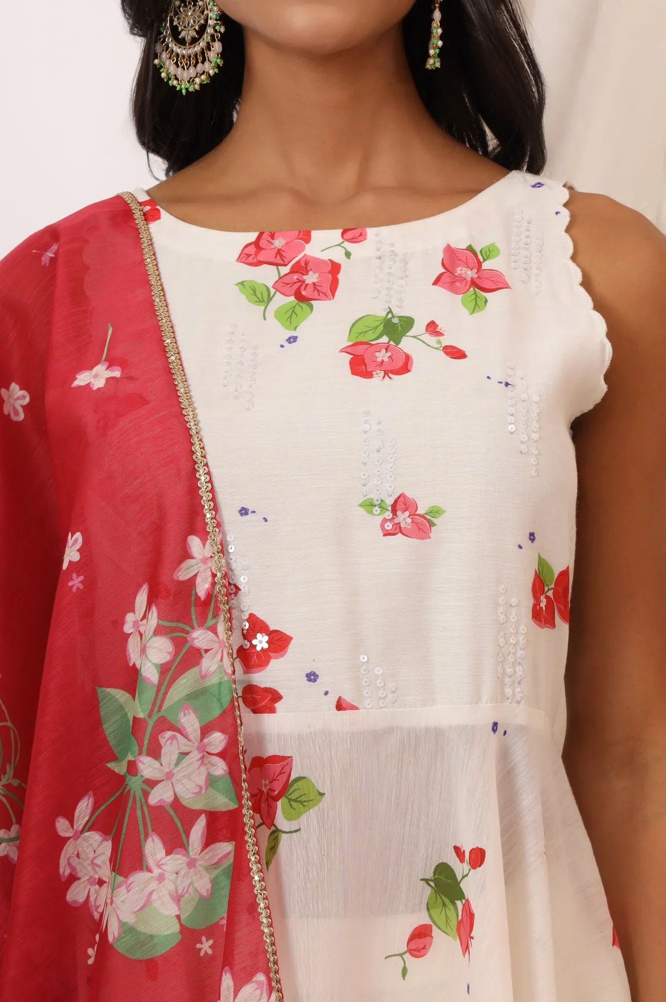White Bold Floral Printed Sleeveless Chanderi Anarkali Kurta with Pants and Red Printed Dupatta Set